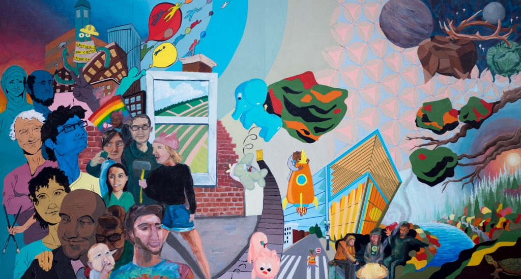 Brightly painted mural with imagery depicting people, a city, nature.