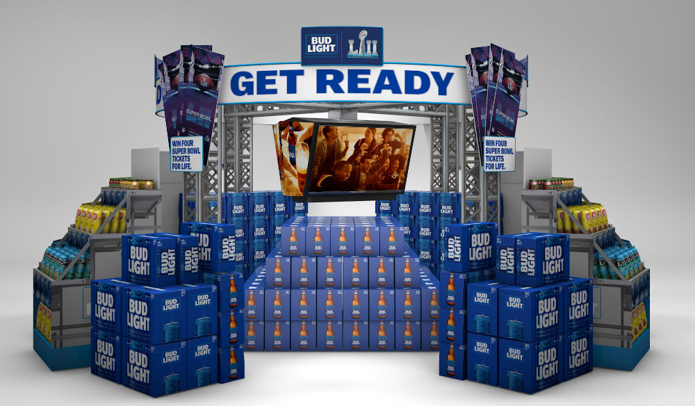 bud light boxes in the shape of the super bowl stadium