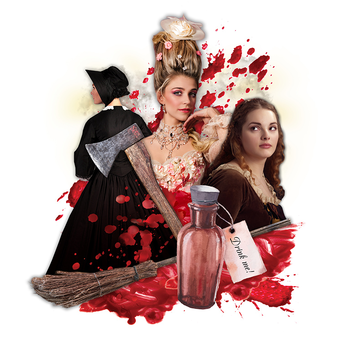 Graphic for Bonnets: How Ladies of Good Breeding are Induced to Murder including photos of two women, blood stains, a potion bottle, and a woman with her back turned in a black hat and cape. There is also an axe in the middle of the women