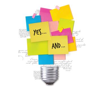 Lightbulb outline with yellow, green, blue, and pink colored stickynotes that read, "Yes.. and..."