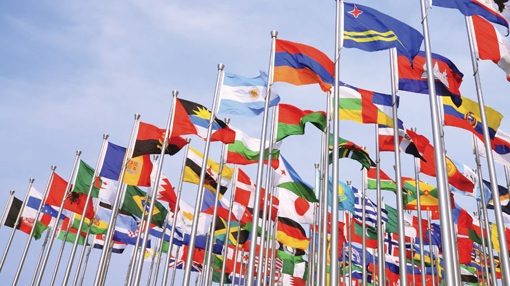 Many flags from across the world flowing