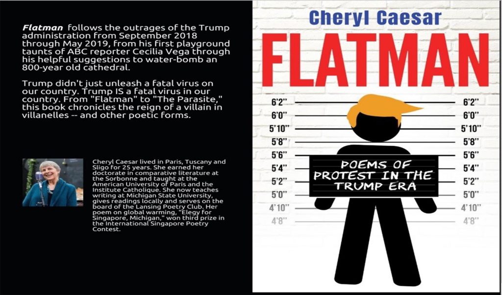 Graphic of the the Flatman book cover. The cover is white with a black outline of a man with yellow hair. There are horizontal lines over the outline of the man.