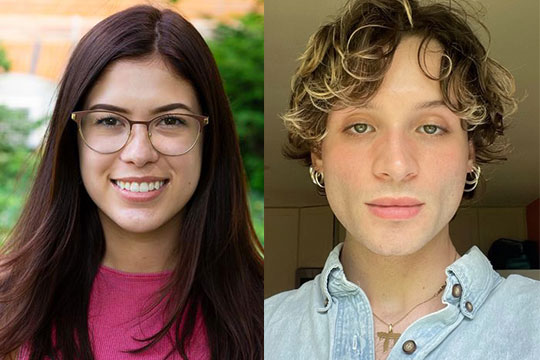 Two headshots side by side. On the left is a woman with brown hair and glasses and on the right is a man with brown hair and a denim shirt.