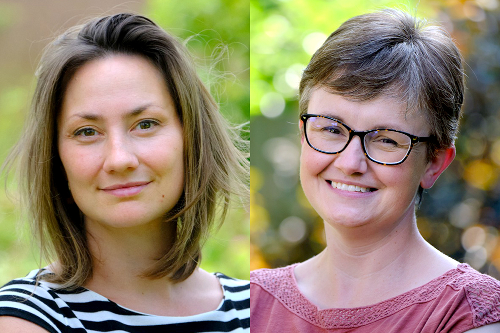 A collage of two portraits of women. The left portrait is a woman smiling with ash brown hair reaching her shoulders. The right portrait is a woman smiling with short brown and gray hair, wearing brown glasses.