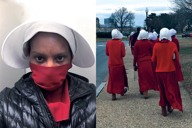 Two photos, left showing a close-up shot of a woman from the shoulders up in a white bonnet and red clothing covering her face below her eyes.