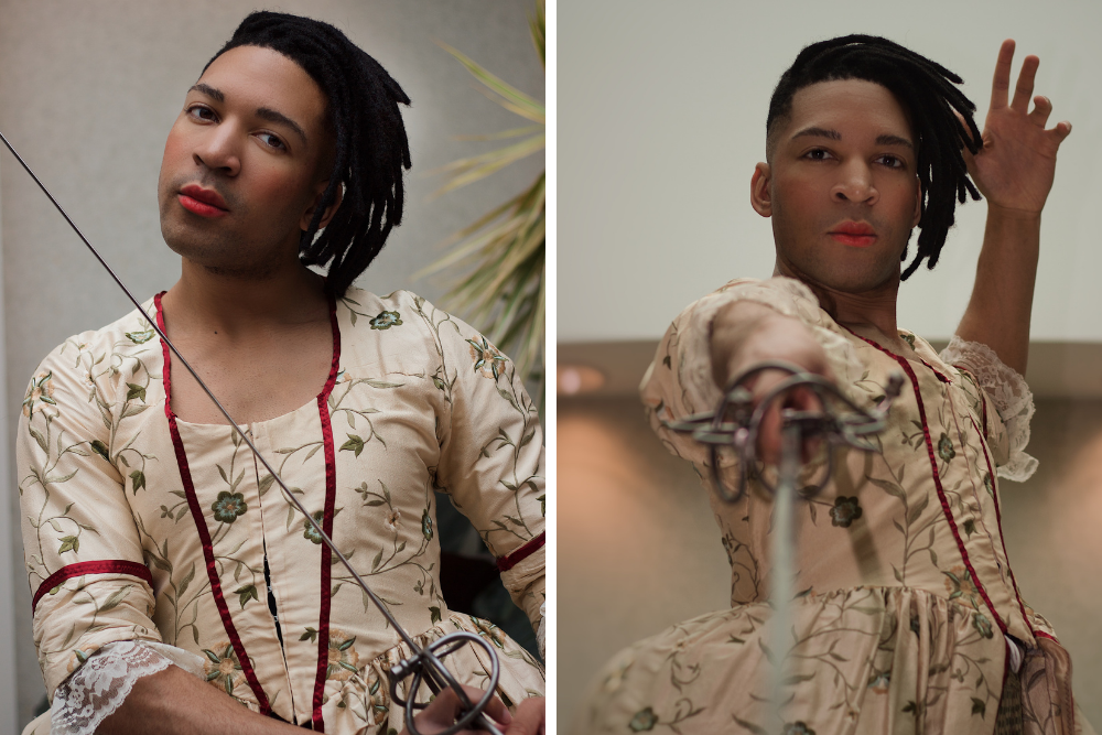 Two side-by-side headshots of a person with black hair wearing a cream colored dress with green flowers and red trim.