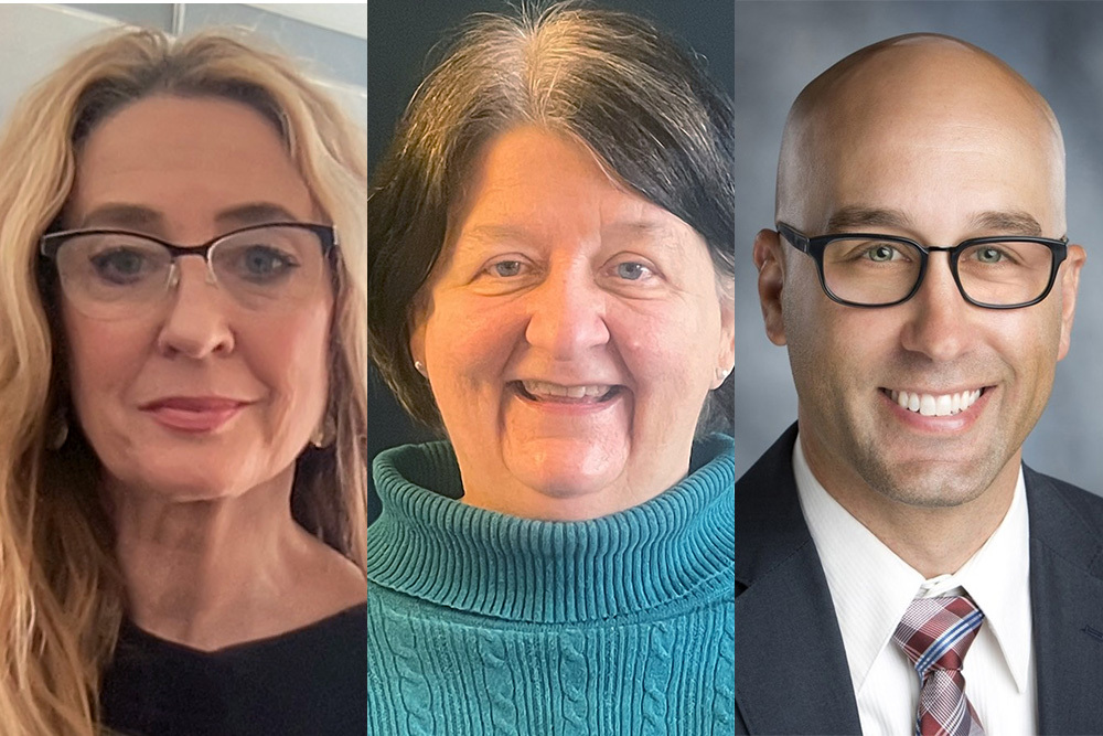 A series of three photos: on the left, a woman with long blonde hair, glasses, and a black blouse; in the middle, a person with a teal turtleneck and short brown hair; on the right, a man with black glasses wearing a suit. 