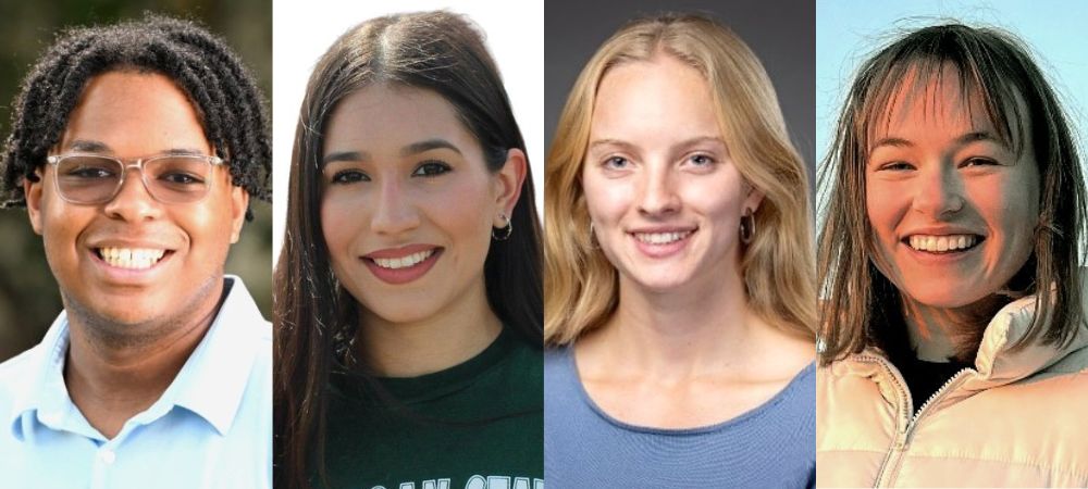 A composite image featuring headshots of four students. From left to right: A man with short, curly black hair and glasses, wearing a light blue collared shirt. A woman with long, dark brown hair, wearing a dark green Michigan State University shirt. A woman with shoulder-length blonde hair, wearing a light blue top and hoop earrings. A woman with straight, light brown hair and bangs, wearing a cream-colored jacket. 