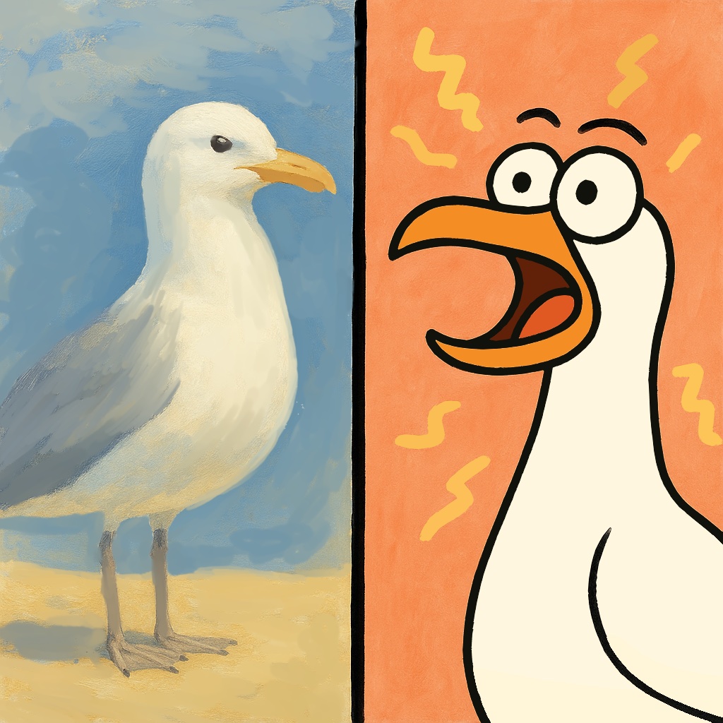 A split-panel illustration showing a realistic painting of a calm seagull on the left, and a cartoonish, exaggerated version of a surprised seagull with wide eyes and an open beak on the right.