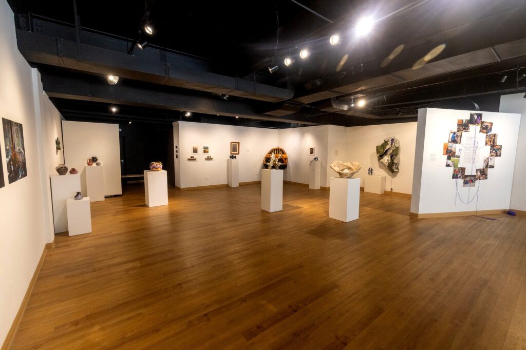 A panoramic view of the “Nexus” exhibition highlights the variety of media on display. In the center, pedestals hold ceramic and sculptural works, while the suspended wooden coracle boat is visible against the far wall. Photographs, framed images, and a large collage installation complete the exhibition’s arrangement.