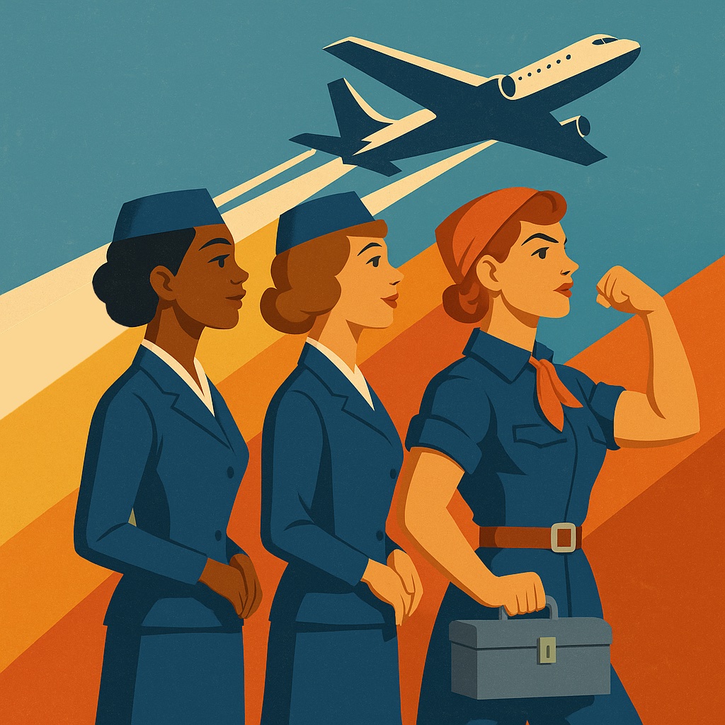 A retro-style illustration of three women in aviation uniforms marching confidently in front of a rising airplane. The woman in front wears a jumpsuit and carries a toolbox.