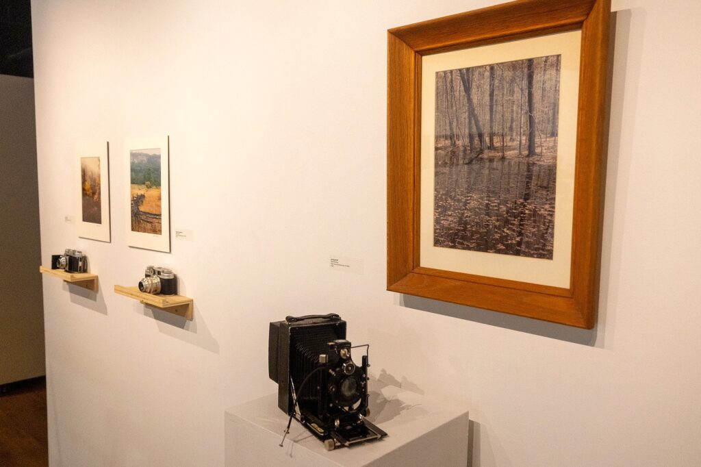 A museum display featuring framed landscape photographs and vintage cameras. On the right, a large framed image of a wooded wetland hangs above a pedestal with a black antique camera.