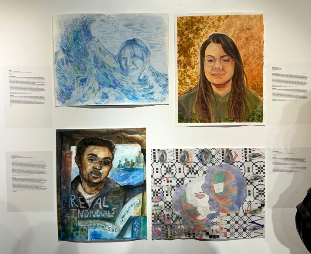 Four portraits in varied media: a face emerging from painted ocean waves; a woman with glasses and a golden background; a man with a cityscape and the text “REAL INDIVIDUALS”; and an abstract portrait over a black-and-white patterned background.