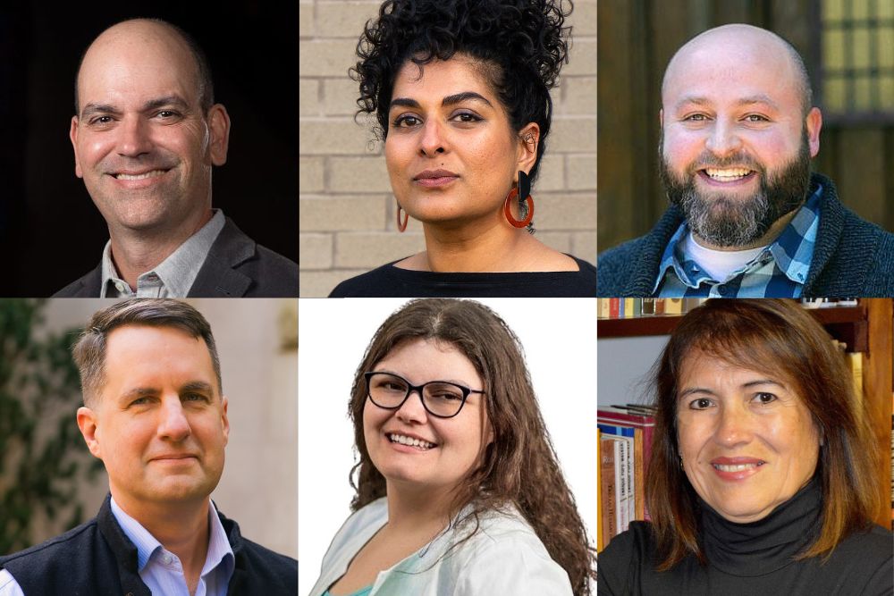 Collage of six professional headshots arranged in two rows of three. Top row: a smiling man in a suit jacket, a woman with curly hair wearing large earrings, and a smiling man with a beard in a plaid shirt and sweater. Bottom row: a man in a vest and collared shirt, a smiling woman with glasses and long hair, and a woman in a turtleneck sweater in front of a bookshelf.