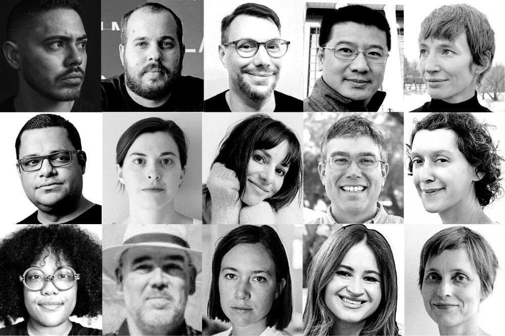 Black-and-white composite image featuring 15 individual portraits arranged in three rows of five. The individuals vary in gender presentation, hairstyles, and expressions.