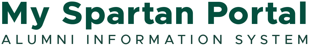 Text reading "My Spartan Portal" in bold, green letters, with "Alumni Information System" below it.
