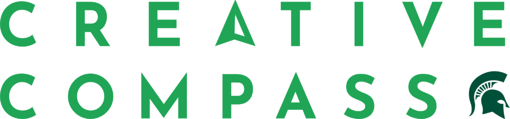 Green text logo reading "Creative Compass" with the letter "A" creating an arrow design. A Spartan helmet appears at the bottom right.