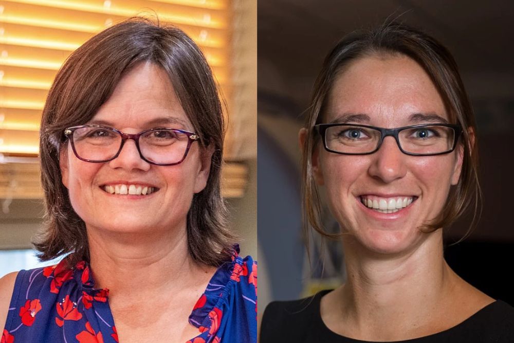 A composite of two headshots placed side by side. Both photos are of women who as smiling and wearing dark-rimmed glasses. The one of the left has short hair and i wearing a blue and red flowered shirt. The woman on the right has her hair pulled up into a bun and is wearing a black top.