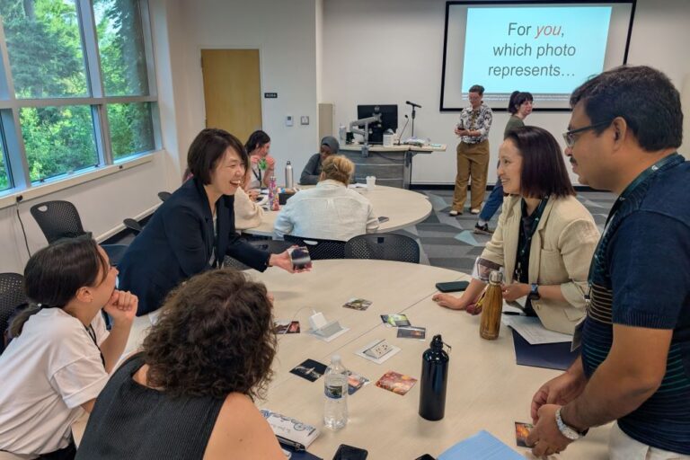A group of five people interact with each other around a circular table. On the table are different photographs. In the background is a graphic projected on the wall that says: “For you, which photo represents…”