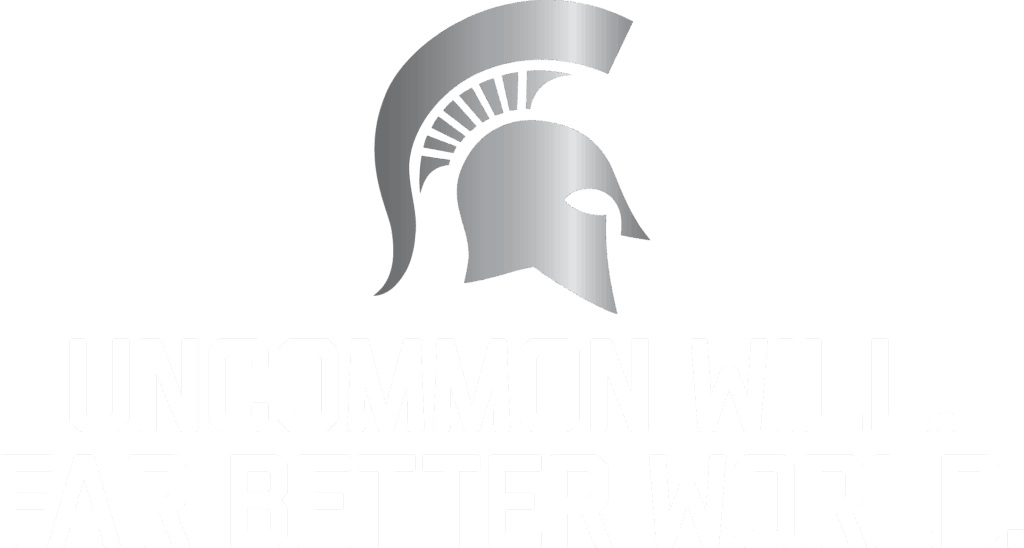 Typographic mark that says "Uncommon Will. Far Better World." accompanied by the Spartan helmet logo.