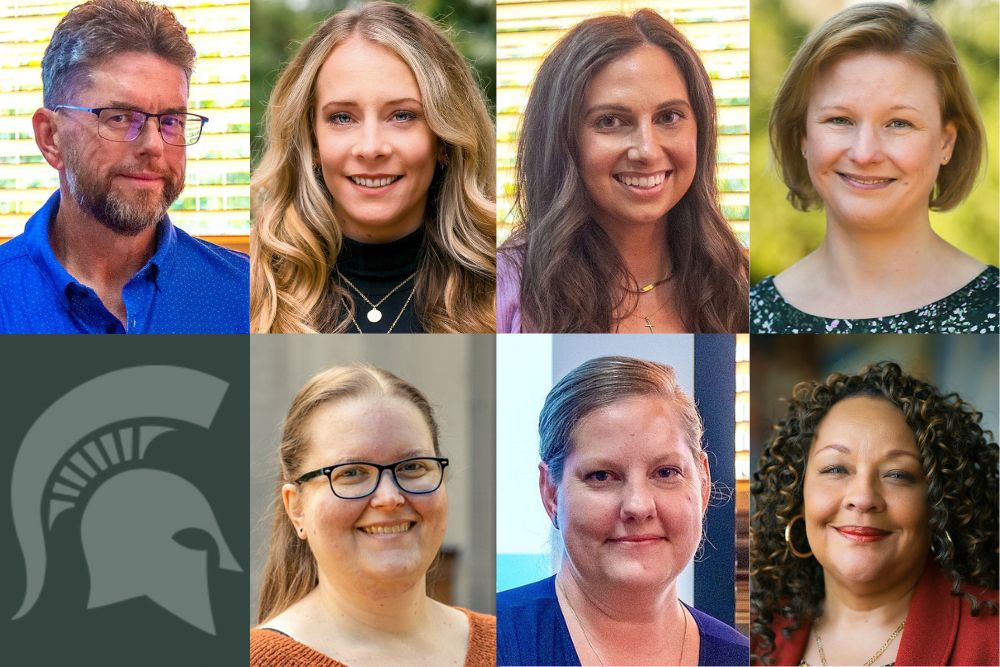 A collage featuring seven individual portraits of award recipients from the Michigan State University College of Arts & Letters. The images are arranged in two rows, with a gray Spartan helmet logo occupying one square. The recipients are shown smiling in professional headshots with various indoor and outdoor backgrounds.