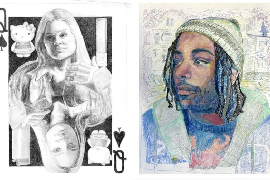 Left portrait depicts a woman rendered in graphite in the style of a playing card, paired with small Hello Kitty graphics. Right portrait shows a man in a knit cap, drawn in colored pencil with houses faintly visible in the background.