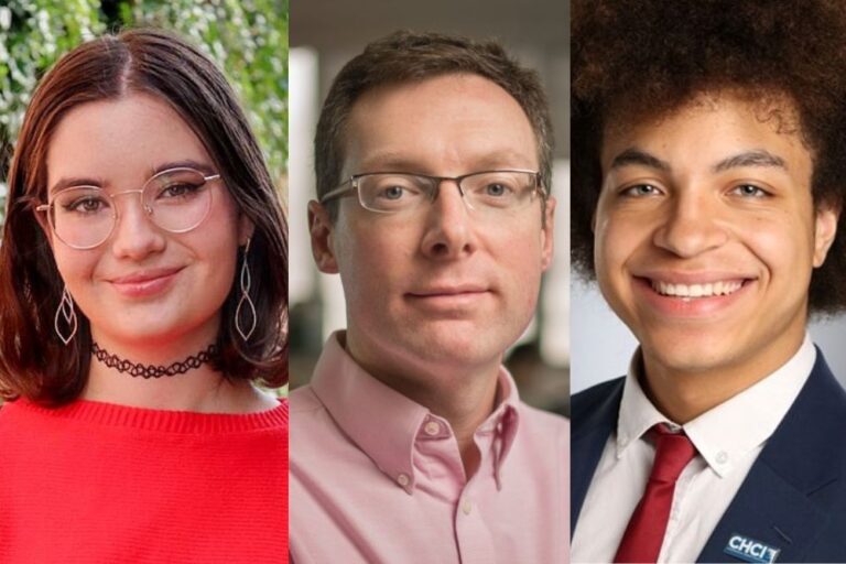 Three side-by-side portrait photographs. The left portrait shows a young woman with shoulder-length dark hair, round glasses, drop earrings, and a red top, standing outdoors. The center portrait shows an adult man with short light brown hair, rectangular glasses, and a light pink collared shirt, indoors with a blurred background. The right portrait shows a young man with curly hair wearing a suit jacket, white shirt, and red tie, smiling against a neutral studio backdrop
