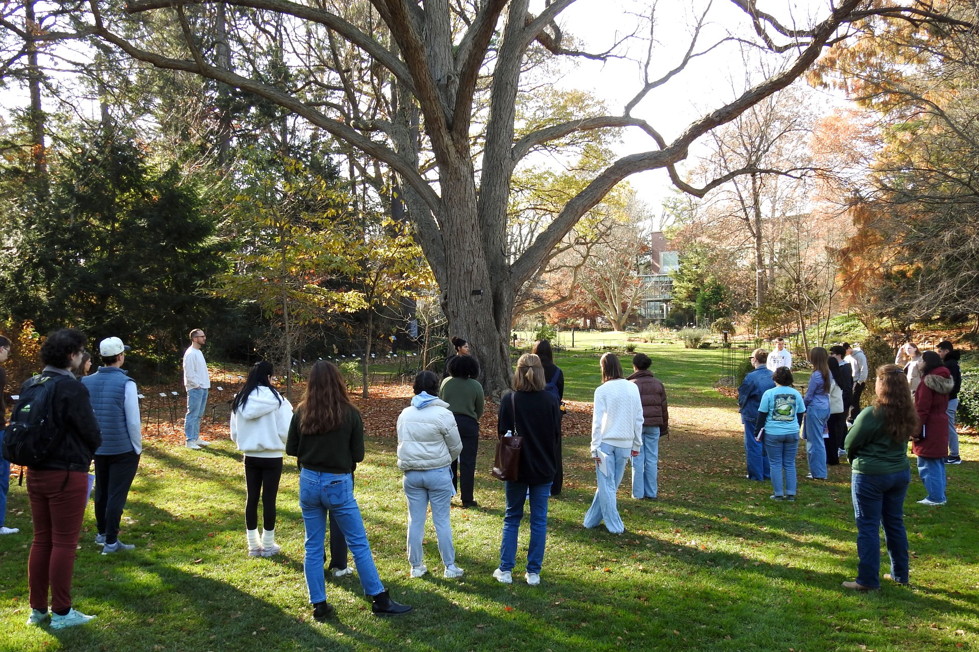A group of students stands in a wide circle on a grassy area outdoors, listening to an instructor beneath a large tree in a Beal Gardens.