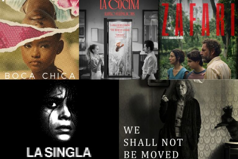 A composite image featuring five movie posters arranged in a grid. The top row contains three posters: "Boca Chica," "La Cocina," and "La Singla." The bottom row contains two larger posters: "We Shall Not Be Moved" and "Zafari." The posters span a diverse range of cinematic styles, from high-contrast black-and-white to lush, colorful photography.