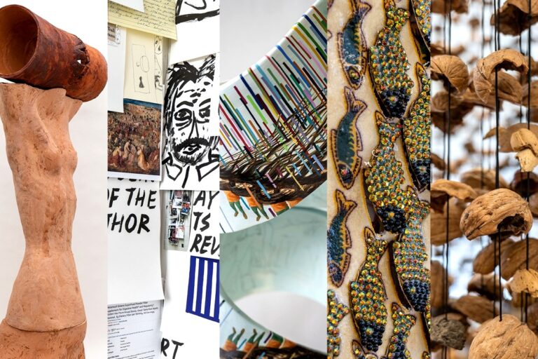 Installation view of the 2026 Master of Fine Arts Exhibition at the Eli and Edythe Broad Art Museum, featuring diverse artworks by five graduating MFA candidates. The display includes, from left to right: a terracotta sculptural form with abstract organic shapes; a mixed-media collage combining drawings, handwritten text, and photographic elements; colorful woven textile work; ornate beaded textile with intricate patterned designs; and natural dried botanical materials suspended in the gallery space.