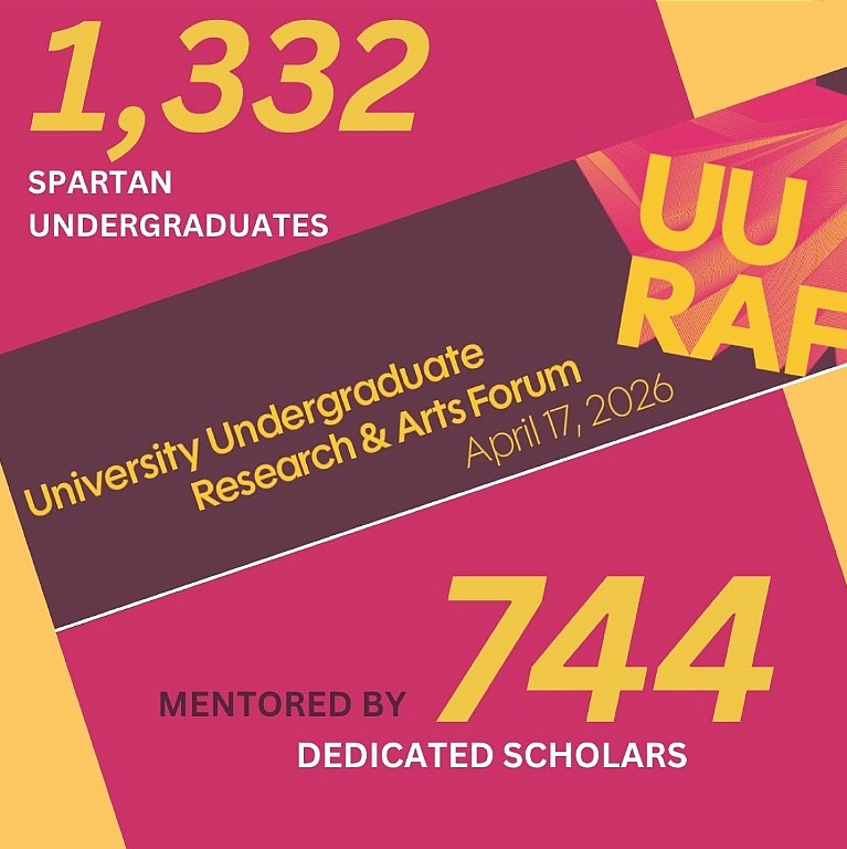Graphic for University Undergraduate Research & Arts Forum on April 17, 2026. It highlights '1,332 Spartan undergraduates' and 'mentored by 744 dedicated scholars' on a vibrant pink and orange background.