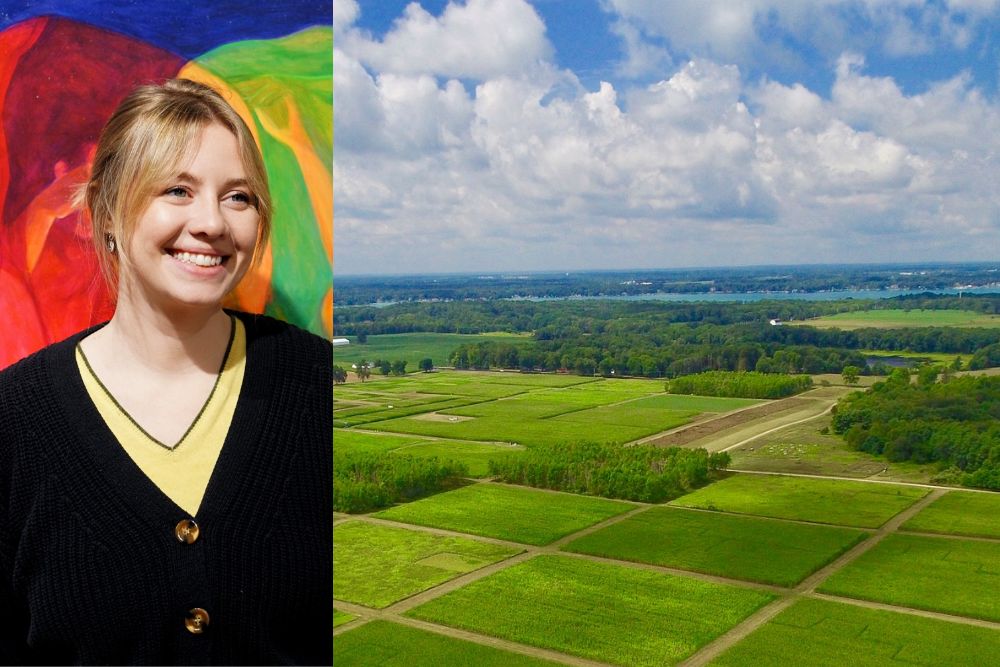 A composite image featuring a portrait of Ellen VanderMyde, a woman with blonde hair smiling in front of a colorful abstract painting, alongside an aerial, high-angle view of a vast agricultural research site, featuring a grid of vibrant green crop plots separated by dirt paths, with a distant treeline, a blue lake, and a bright blue sky filled with fluffy white clouds.