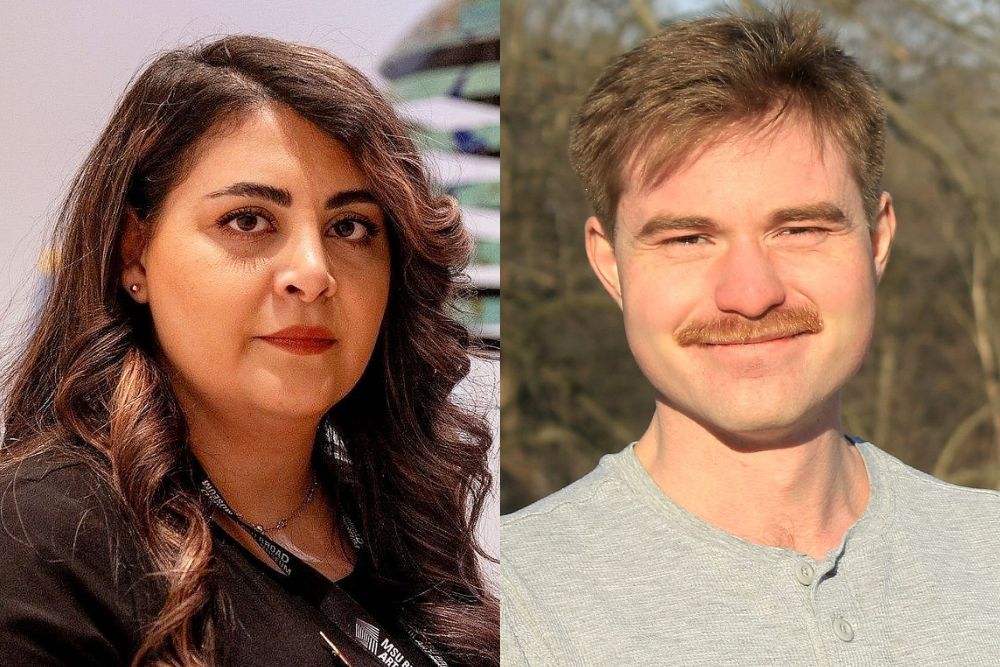Split image of a woman with long, wavy hair wearing a black top, looking serious; and a man with a mustache in a light shirt, smiling outdoors.