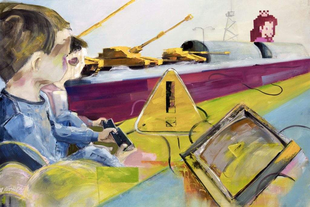 painting of two boys playing video games with abstracted war imagery