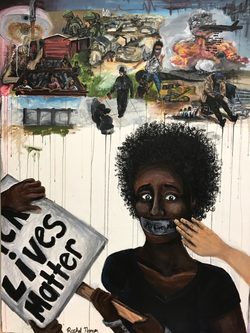 artwork of an african american individual holding a sign that says "black lives matter" with a caucasian hand putting duct tape over the individual's mouth