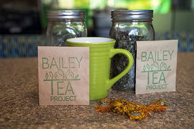 display of tea leaves and mug