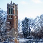 photo of the beaumont tower with winter scenery and snow
