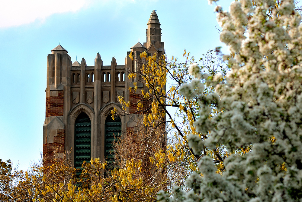 photo of the top of the beaumont tower, there are trees blooming in front of it