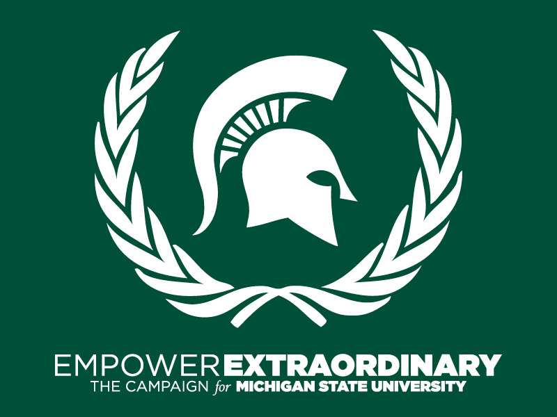 graphic of sparty helmet and text "empower extraordinary" "the campaign for michigan state university"