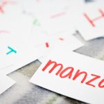 Spanish word flash cards sitting on table