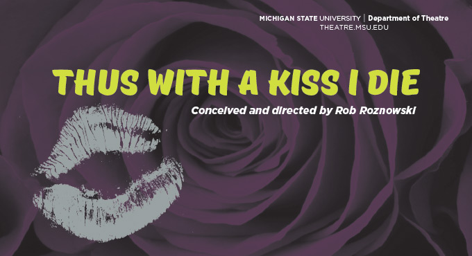 poster for "thus with a kiss I die," close up of purple rose with gray kiss mark