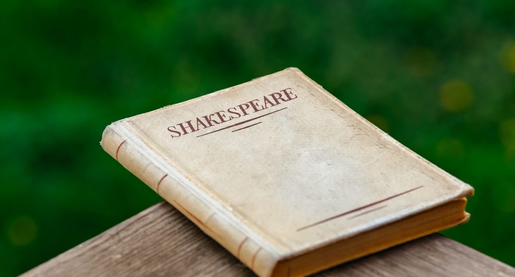 book sitting on the edge of wood that is titled "Shakespeare"