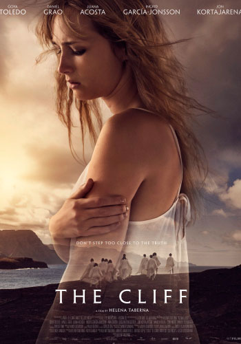 movie poster for "the cliff" shows a blonde woman looking down, a group of people in white are overlayed smaller at the bottom