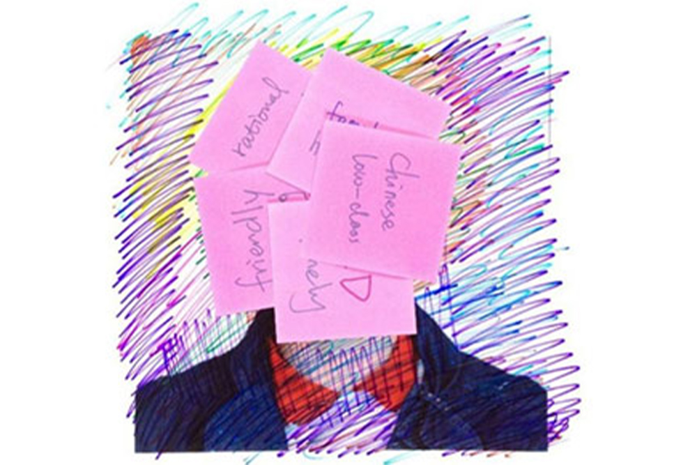 Drawing of a person with their face covered in post-it notes