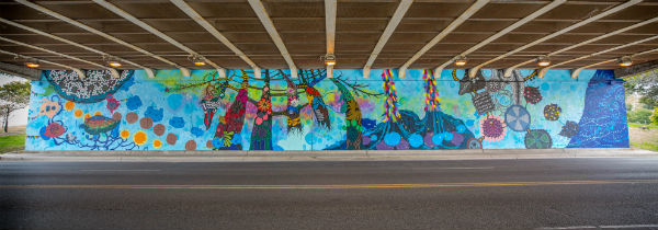 full view of colorful abstract mural
