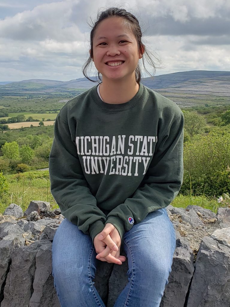 girl in MSU sweatshirt sitting on a rock wall
