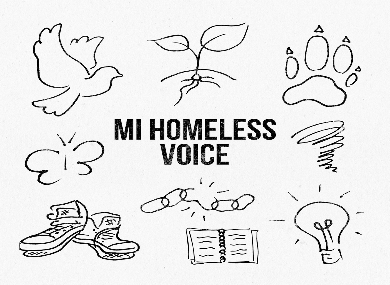 Album cover with white background and eight illustrations surrounding the words "MI Homeless Voice"