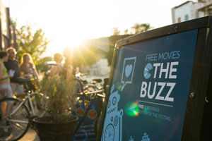 sign that says "free movies" "the buzz"