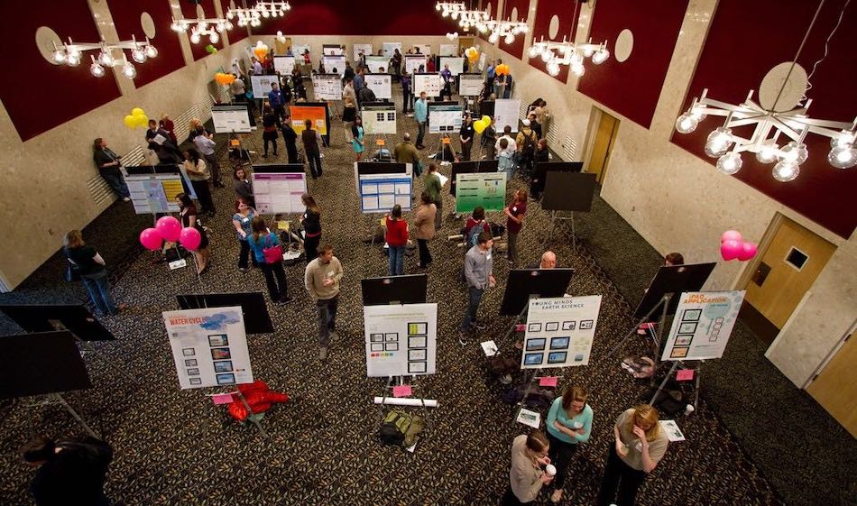 Photo of poster presentations in a room with people standing around them presenting and talking to each other
