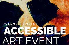 "Accessible Art Event" written in white on a painted background featuring both black and bright colors